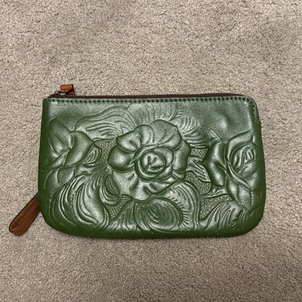 Patricia Nash Olive Green Embossed Floral Leather Wristlet